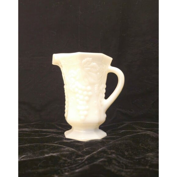Vintage Milk Glass Pitcher With Embossed Grape Vine Design & Hexagonal Base - Picture 5 of 7